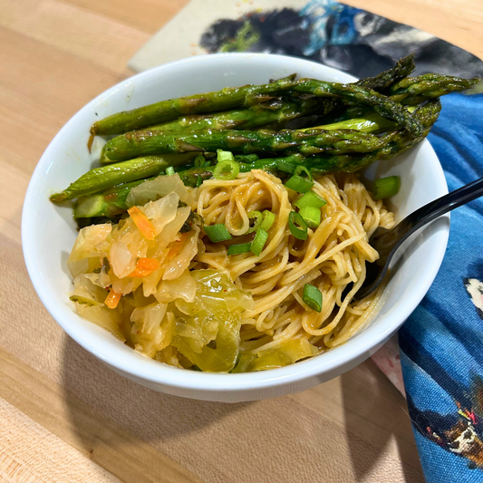 Asparagus Kimchi Rice Noodles with Creamy Ginger Lime Sesame Sauce
