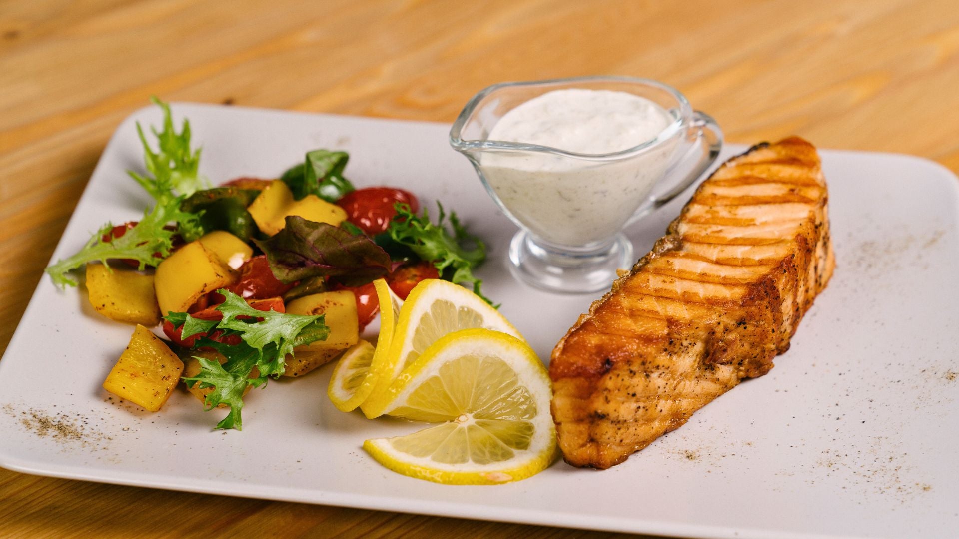 Grilled Salmon with Greek Salad – Fustini's Oils & Vinegars