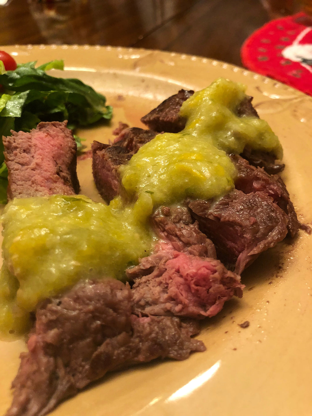 Cider Marinated Skirt Steak with Roasted Tomatillo Salsa