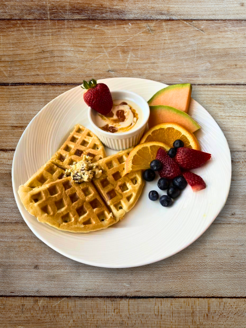 Brunch Waffles with Orange Pecan Butter and Honey Yogurt Sauce