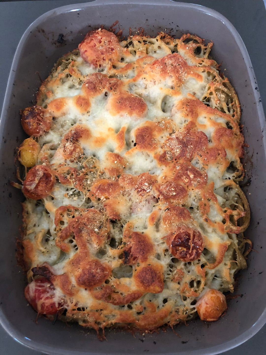 Baked Pesto Fettuccini with Burst Tomatoes