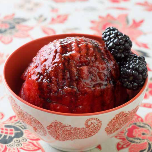 Strawberry Sorbet with Blackberry Syrup