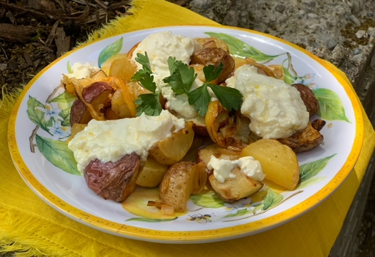 Lemony Roasted Garlic Potatoes with Burrata