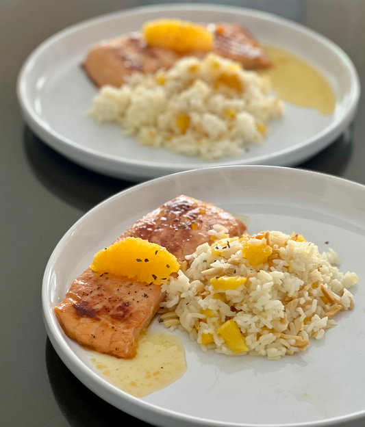 Sweet and Spicy Glazed Salmon with Orange Rice