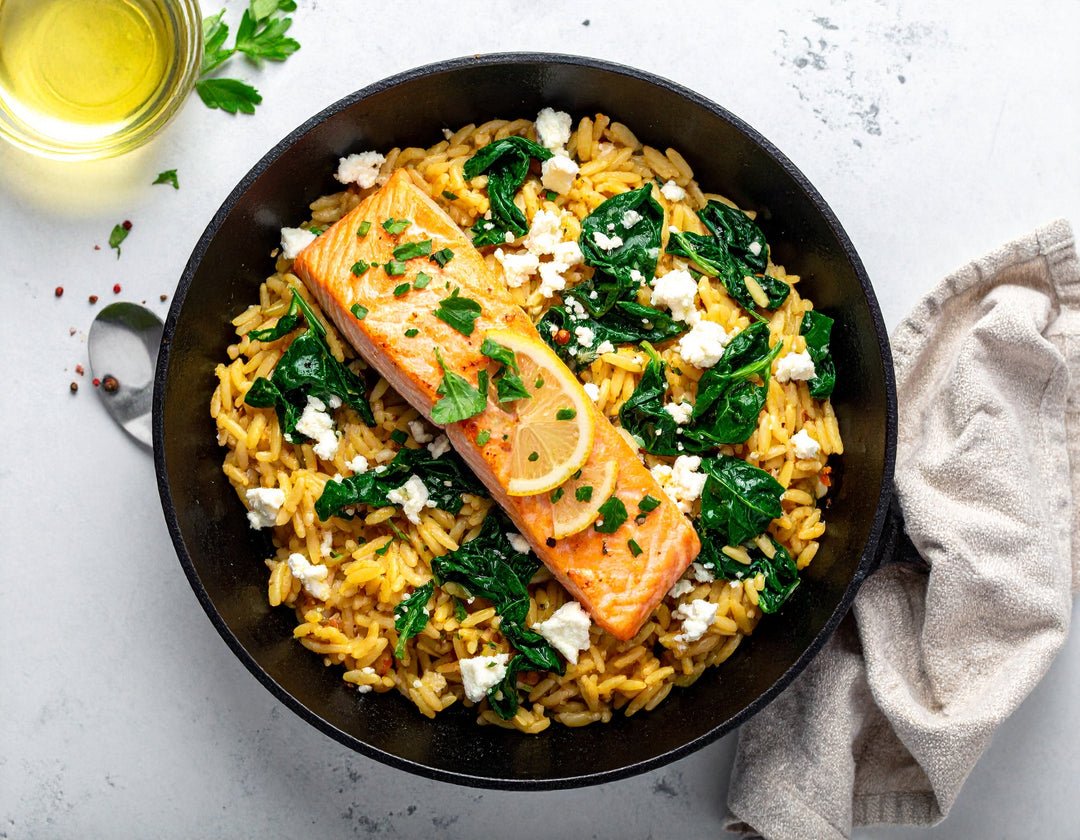 One Pan Salmon Orzo