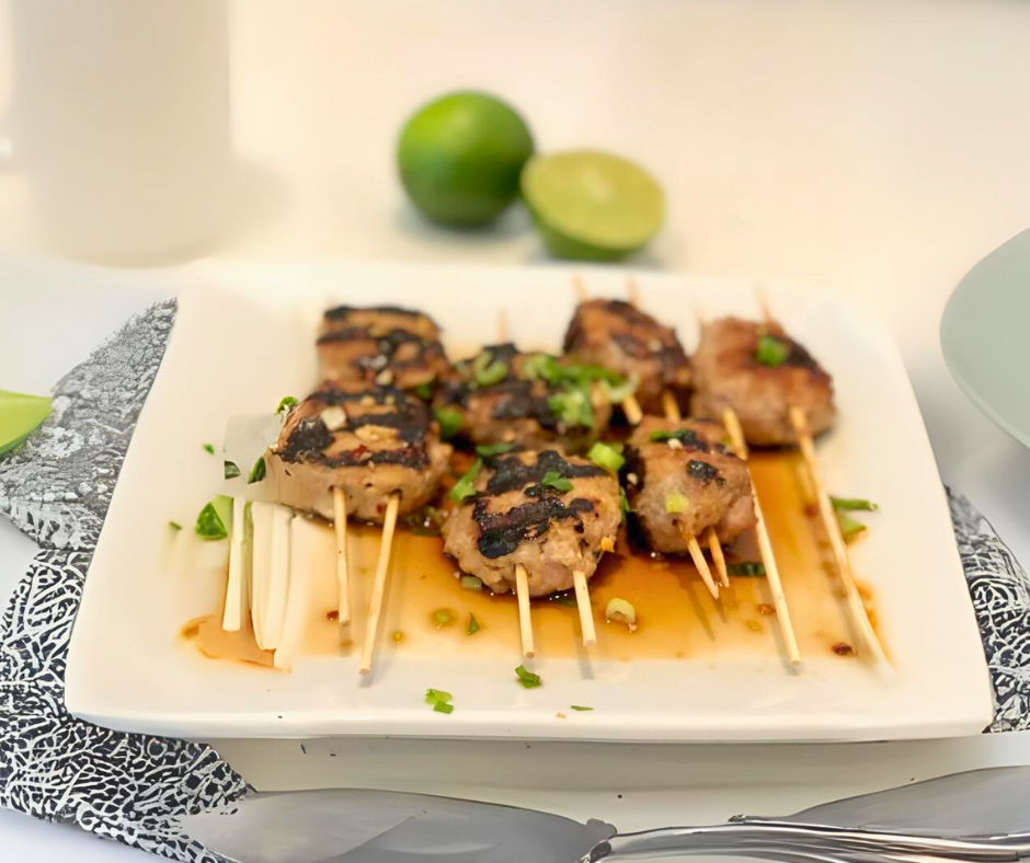 Chicken Meatball Skewers with Ginger Lime Sauce